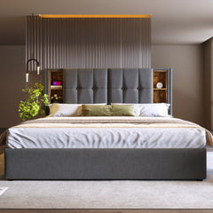 Upholstered Double Bed 150 X 200cm With Wireless Charging USB Tyep-C, Hydraulic Storage Bed With Hydraulic Lever, Linen Fabric 5FT King Size Bed Frame With Large Storage Space,Grey No Mattress