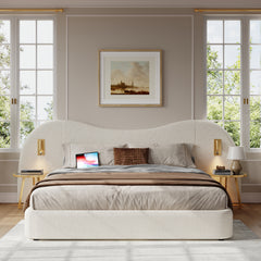 Upholstered Bed, Double Bed, 180 X 200 Cm, Hydraulic Bed With USB Charging Port And Reading Lamp, Bed With Slatted Base, Headboard, And Ample Storage Space, Upholstered Headboard, White Boucle