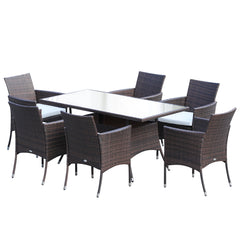 6 Seater Rattan Dining Set With Cushions, Rattan Garden Furniture Set With 6 Armchairs, Rectangular Glass Top Table, Outdoor Dining Table And Chairs, Brown