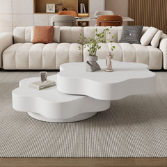 Flower-shaped Coffee Table, 360 Rotating Tabletop, Rotating End Table, Double-layer Sofa Sidetable, 2 Shelves,  Load Capacity 30kg, 74.8x67.5x31cm, MDF, Cream White