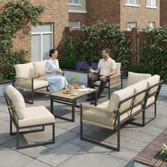 6-7 Seater Garden Furniture Set With Height Adjustable Rising Coffee Table, Corner Sofa With Polyester Rope, Weatherproof Outdoor Patio Dining Lounge Set For Balcony And Terrace, Beige