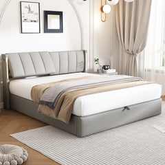 LED Upholstered Super King Size Bed - 6ft 180x200cm With Storage & Hydraulic Lift, USB Charging Ports, Adjustable Headboard & Lighting, PU , Grey