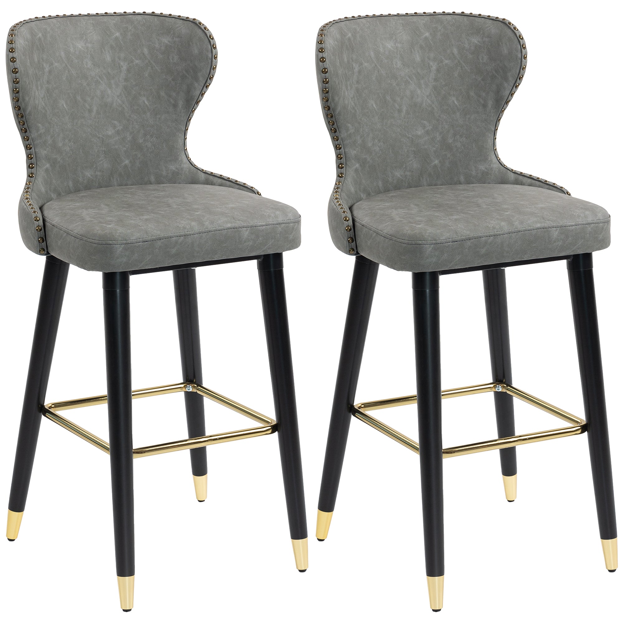 Bar Stools Set Of 2, PU Leather Barstools With Back, Footrest And Wood Legs For Kitchen, Counter, Breakfast Bar, Grey