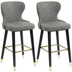 Bar Stools Set Of 2, PU Leather Barstools With Back, Footrest And Wood Legs For Kitchen, Counter, Breakfast Bar, Grey