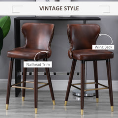 Bar Stools Set Of 2, PU Leather Barstools With Back, Footrest And Wood Legs For Kitchen, Counter, Breakfast Bar, Brown