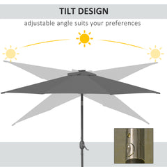 2.7m Patio Garden Umbrella Outdoor Parasol With Tilt Crank And 24 LEDs Lights (Grey)