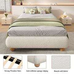 Upholstered Bed, 3ft Single Bed 90x190cm, Sturdy Bed Slats, Comfortable Soft Bed, Boucle  MDF Plywood, Beige