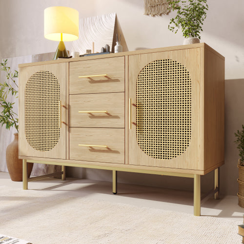 Rattan Sideboard Storage Cabinet With 2 Doors 3 Drawers, Storage Cabinet For Living Room, Bedroom, And Hallway, Metal Handles, Adjustable Shelves, Anti-Tip, 120 X 40 X 74 Cm, Oak
