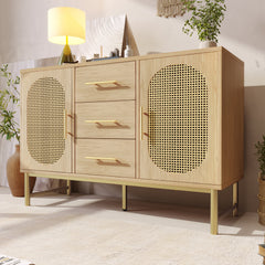Rattan Sideboard Storage Cabinet With 2 Doors 3 Drawers, Storage Cabinet For Living Room, Bedroom, And Hallway, Metal Handles, Adjustable Shelves, Anti-Tip, 120 X 40 X 74 Cm, Oak