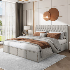 Upholstered Bed,Double Bed-4ft6 135x190cm,with Upholstered Bench 135 X 41 X 42 Cm, With Hydraulic Lever, Functional Storage Bed, Rivet Decoration, Linen, Light Grey