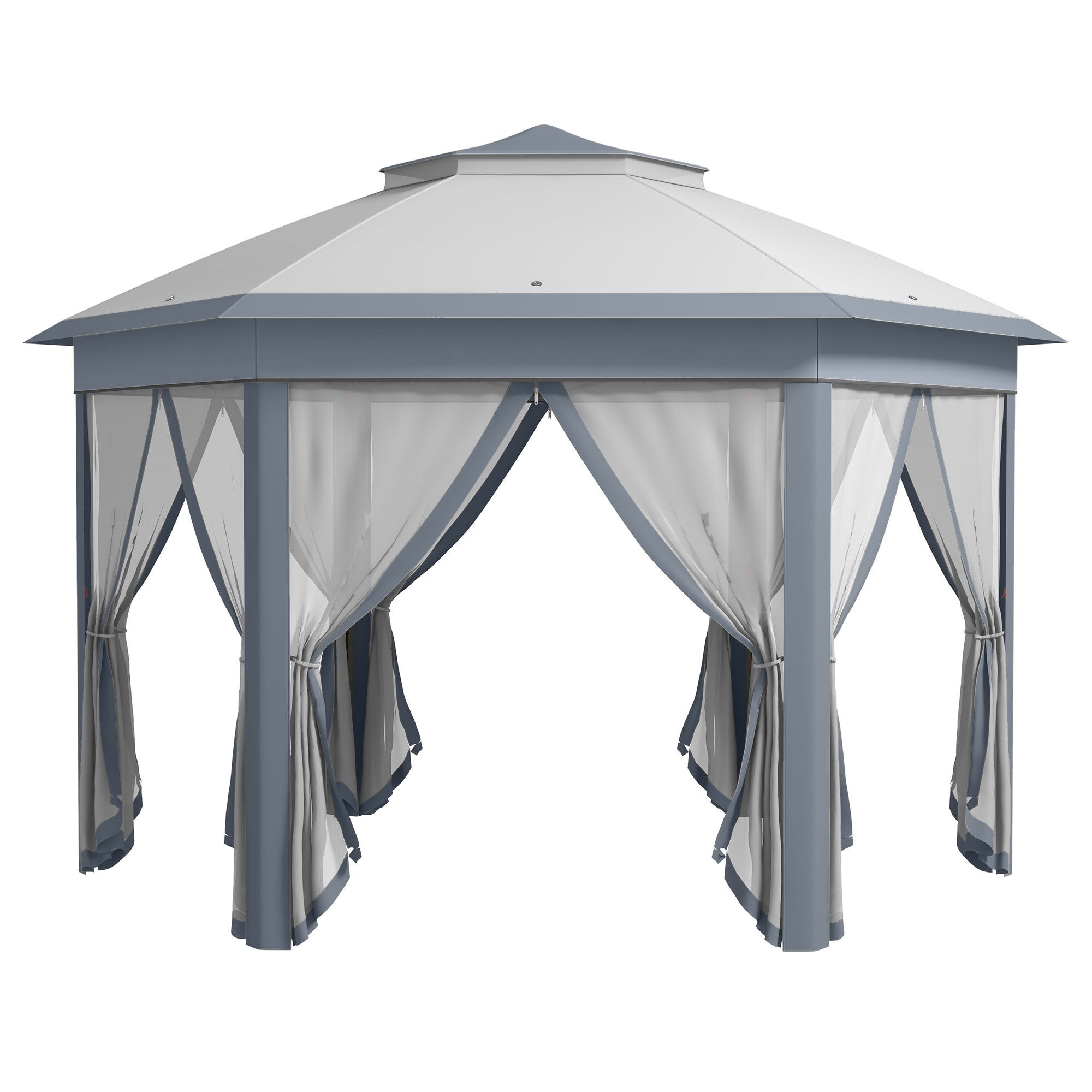 3 X 4m Metal Frame Hexagon Gazebo, With Curtains - Grey