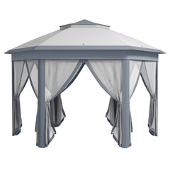 3 X 4m Metal Frame Hexagon Gazebo, With Curtains - Grey