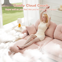 Cloud Sectional L-Shaped Couch With Ottoman,Soft Chenille Fabric,Quilted Pleated Design High-Density Foam,Fits Bedrooms Living Rooms Reading Nooks,Pink