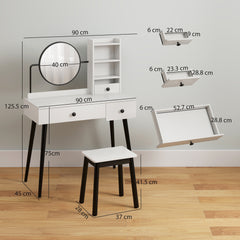 Dressing Table Set With Mirror And Stool, Vanity Makeup Table With 3 Drawers And Open Shelves For Bedroom, Living Room, White