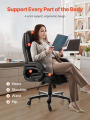 Executive Chair, High Back Office Chair With Knob-Control Lumbar Support, Ergonomic Desk Chair Adjustable Tilt & Height, PU Leather Swivel Rolling Chair For Working, Study, Gaming, Black