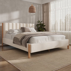 Queen Size Bed Frame With Boucle Upholstered Thick Headboard, Solid Wooden Legs, White