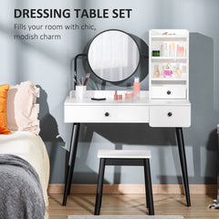Dressing Table Set With Mirror And Stool, Vanity Makeup Table With 3 Drawers And Open Shelves For Bedroom, Living Room, White