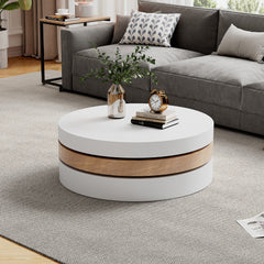 Round Rotating Coffee Table, 360 Rotating Tabletop,  End Table, 3 Layer Sofa Sidetable, Hidden Storage Space, 60x60x35,1 Cm, MDF, White Wood