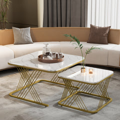 Nest Of 2 Tables,Square Coffee Table Set,Nesting Sofa Table,Multi-functional End Side Table,Nesting Tables With Gold Metal Frame Legs And Marble Pattern White Top For Living Room,70x70x43cm,White Gold