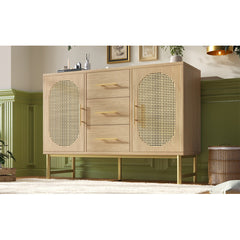 Rattan Sideboard Storage Cabinet With 2 Doors 3 Drawers, Storage Cabinet For Living Room, Bedroom, And Hallway, Metal Handles, Adjustable Shelves, Anti-Tip, 120 X 40 X 74 Cm, Oak