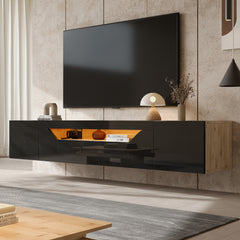 Floating TV Stand Cabinet With LED Lights, High Gloss TV Unit With Ll-Down Door, Wall Mounted TV Entertainment Center With 2doors, For Living Room Bedroom, 180x37x36cm, Black, Holds TVs Up To 75