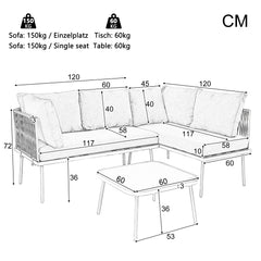 Outdoor Patio&Backyard Furniture Garden Lounge Set For 4-5 People, Thick Quality Space Saving L-Shaped Corner Sofa With Glass Coffee Table, Green