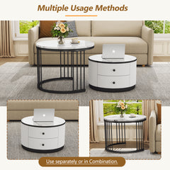 High Gloss Modern Round Nesting Coffee Table With Marble Pattern Top, White & Black Nesting Coffee Table Set Of 2 Center Table With Storage Drawers For Living Room Apartment Office