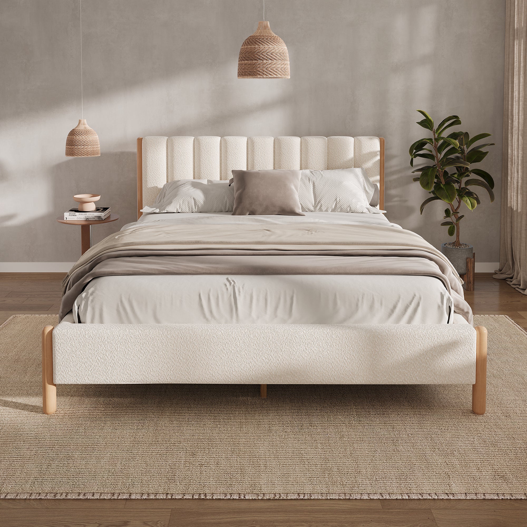 Queen Size Bed Frame With Boucle Upholstered Thick Headboard, Solid Wooden Legs, White