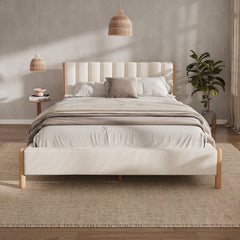 Queen Size Bed Frame With Boucle Upholstered Thick Headboard, Solid Wooden Legs, White
