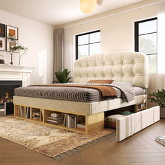 Upholstered Single Bed With Storage Compartments And Drawers, 3ft Single Bed With Adjustable Headboard, 90 X 190 Cm, Velvet, Beige   No Mattress