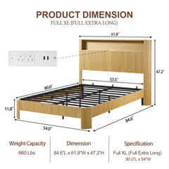 Full Extra Long Full XL  Size Bed Frame With Storage Headboard, Built-in Charging Station, Wavy Curved Lines Design, Silent Operation, Metal Support, Natural