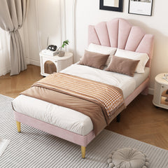 Velvet Upholstered Bed,Single Bed-3ft 90x190cm, Shell-like Bed With Golden Iron Legs, Height-adjustable Headboard, Wooden Slatted Frame
