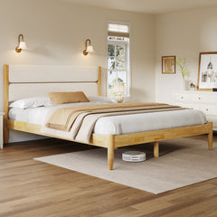 Queen Size Solid Wood Bed Frame With Fleece Upholstered Headboard, Ivory