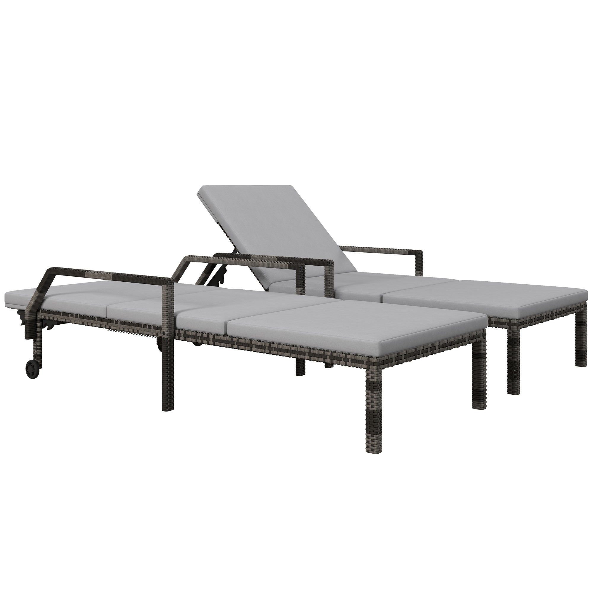 Outdoor PE Rattan Sun Lounger Set Of 2, Wicker Chaise Recliner Garden Chair With 5-Level Adjustable Backrest And 2 Wheels, Grey