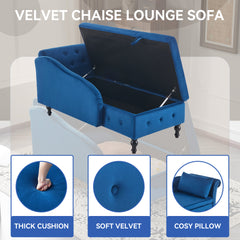 Velvet Chaise Lounge Sofa With Storage, Upholstered Chaise Lounge Couch With Pillow For Living Room, Modern Nailhead-Trim & Button-tufted Lounge Chair, Bedroom And Office, Right Armrest