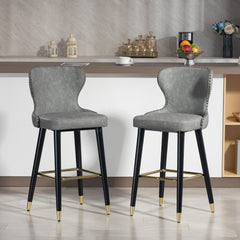 Bar Stools Set Of 2, PU Leather Barstools With Back, Footrest And Wood Legs For Kitchen, Counter, Breakfast Bar, Grey