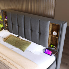 Upholstered Double Bed 150 X 200cm With Wireless Charging USB Tyep-C, Hydraulic Storage Bed With Hydraulic Lever, Linen Fabric 5FT King Size Bed Frame With Large Storage Space,Grey No Mattress