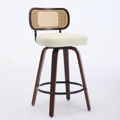 Set Of 3 Counter Height Bar Stools  26 Inch Rattan Counter Height Stools With Cane Back, Upholstered Seat, Walnut Craftsmanship, Swivel Counter Stools For Island  Kitchen  Counter  Bar Walnut Beige