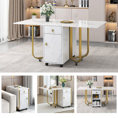 Folding Dining Table 1 Piece With Cupboard And 2 Drawers, Folding Kitchen Utility Table, Space-saving Dining Table With 4 Supporting Legs On Gliders White Gold