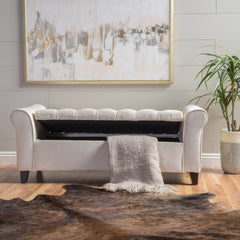 Lvory Fabric Storage Bench With Rolled Arms, 38 Seat Width,  Black Legs, Button Fabric Design, Living Room Bedroom Entryway Furniture