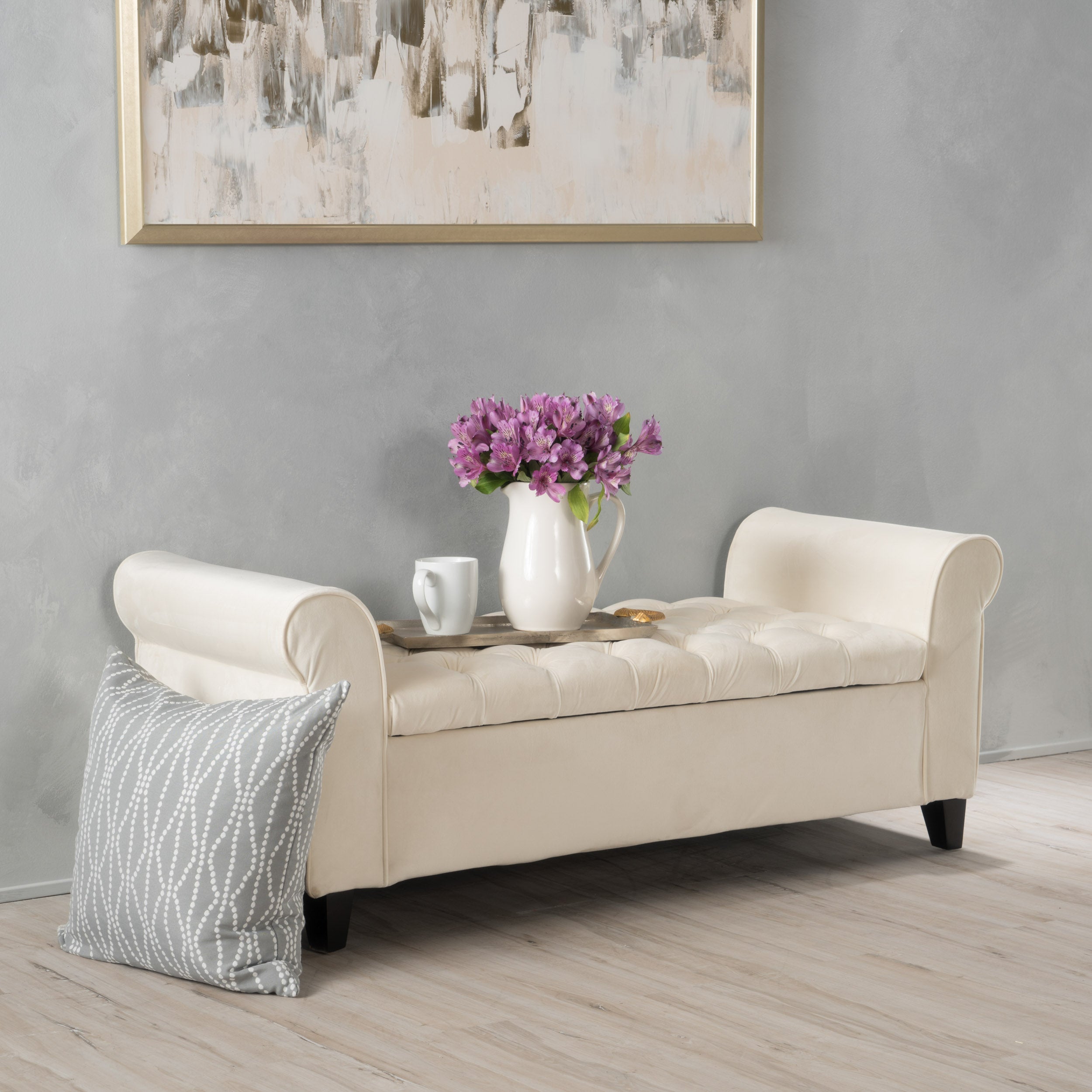 Lvory Fabric Storage Bench With Rolled Arms, 38 Seat Width,  Black Legs, Button Fabric Design, Living Room Bedroom Entryway Furniture
