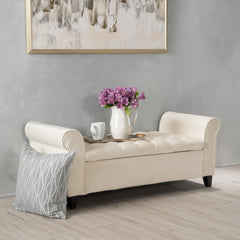 Lvory Fabric Storage Bench With Rolled Arms, 38 Seat Width,  Black Legs, Button Fabric Design, Living Room Bedroom Entryway Furniture