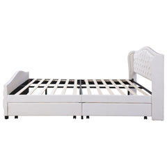 Upholstered Bed 135 X 190cm - Bed With Slatted Frame, 2 Drawers And Headboard With Pull Point Rivets - Wood & Faux Leather - White - Youth Bed Guest Bed