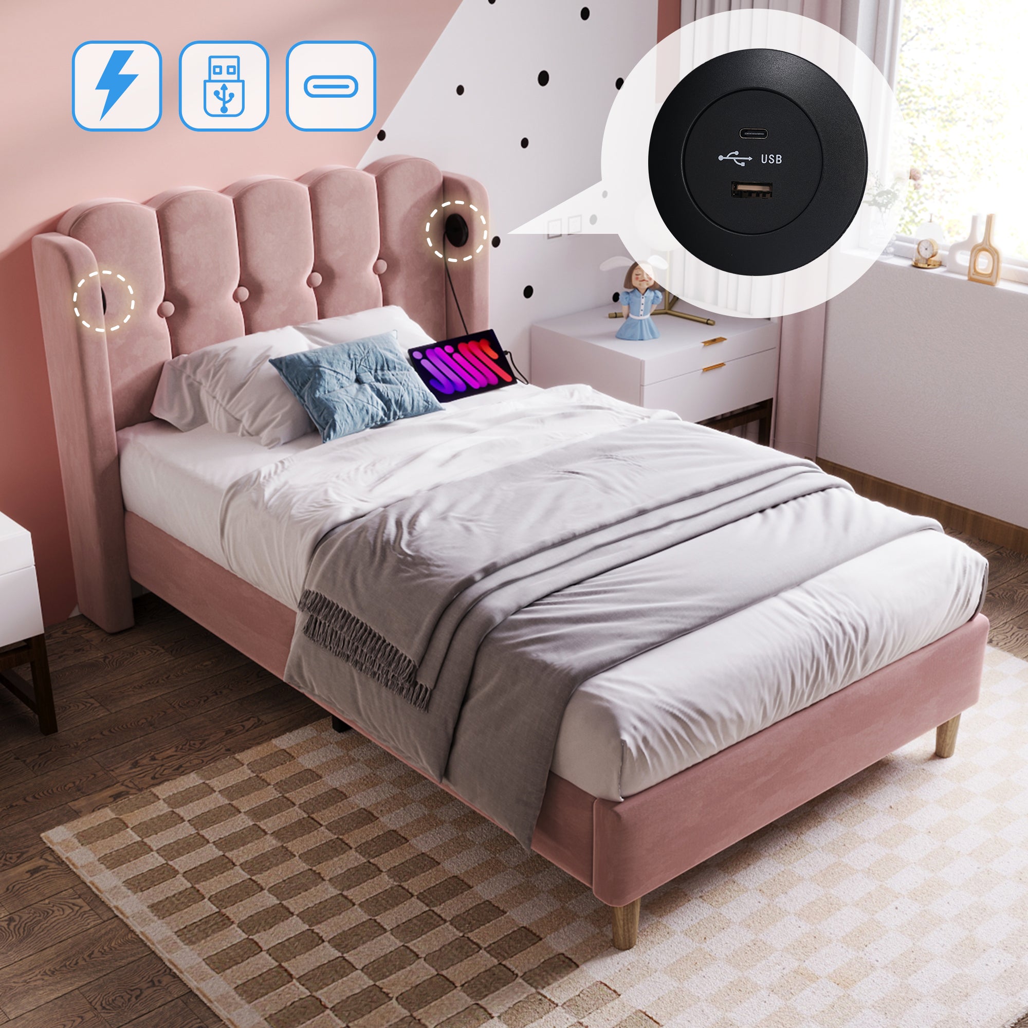 Upholstered Single Bed With USB And Type-C Charging, Bed Frame With Wooden Slatted Frame, Teenager Bed For Bedroom & Guest Room,3ft 90x 190 Cm Bed Frame, Pink, Velvet Material No Mattress