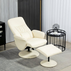 Swivel Recliner Chair With Footstool, PU Leather Armchair And Ottoman With High Back And Round Base For Living Room, Cream White