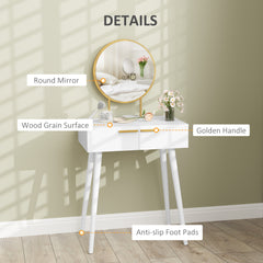 Elegant Dressing Table, With Round Mirror, 60 X 40 X 123 Cm - White