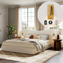 Upholstered Bed, Double Bed, 180 X 200 Cm, Hydraulic Bed With USB Charging Port And Reading Lamp, Bed With Slatted Base, Headboard, And Ample Storage Space, Upholstered Headboard, White Boucle