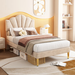 Velvet Upholstered Bed,Single Bed-3ft 90x190cm, Shell-like Bed With Golden Iron Legs, Wooden Slatted Frame, Upholstered Bench With Storage Space 90x40x42cm
