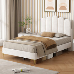 3ft Single  Premium Velvet Upholstered Bed Frame With Scalloped Channel Tufted Design, Height Adjustable Headboard & Gold Metal Feet, Under-bed Storage Space, No Box Spring Needed, Beige  No Mattress