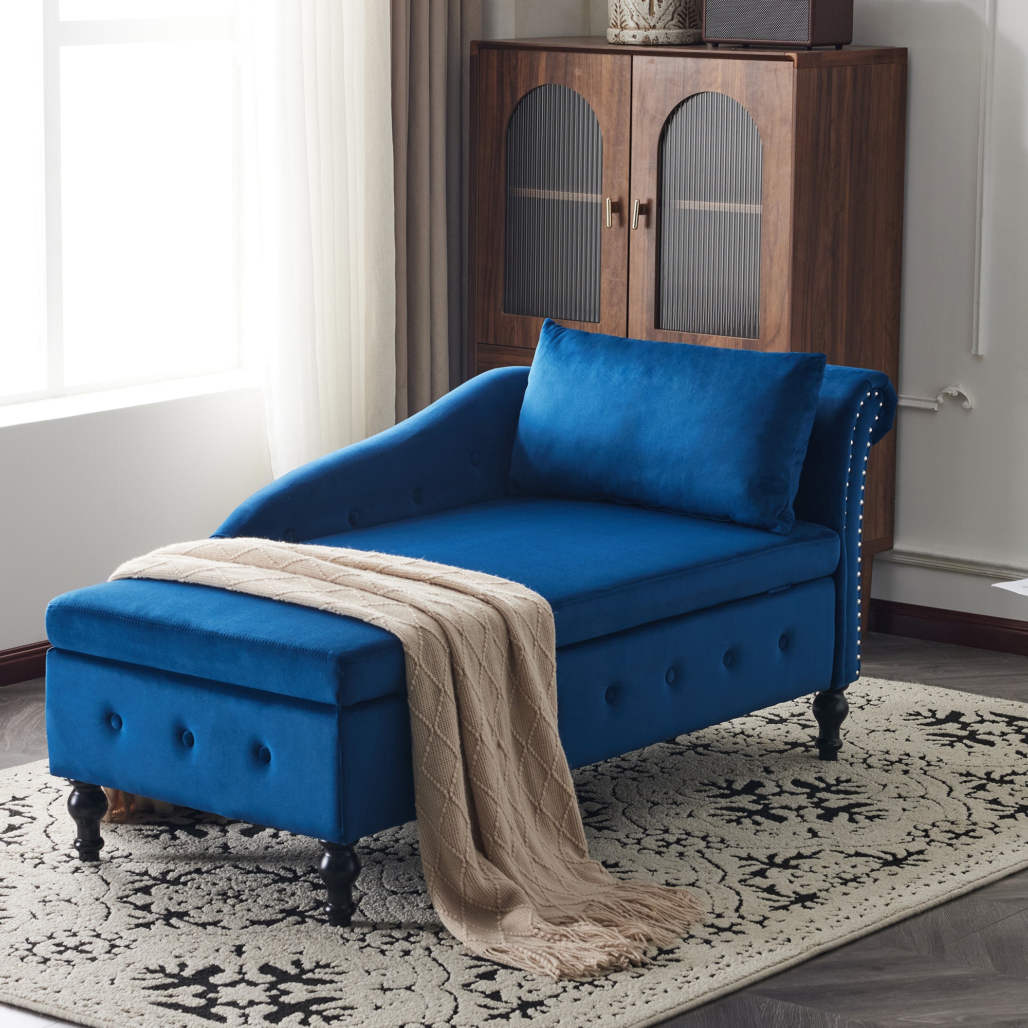 Velvet Chaise Lounge Sofa With Storage, Upholstered Chaise Lounge Couch With Pillow For Living Room, Modern Nailhead-Trim & Button-tufted Lounge Chair, Bedroom And Office, Right Armrest
